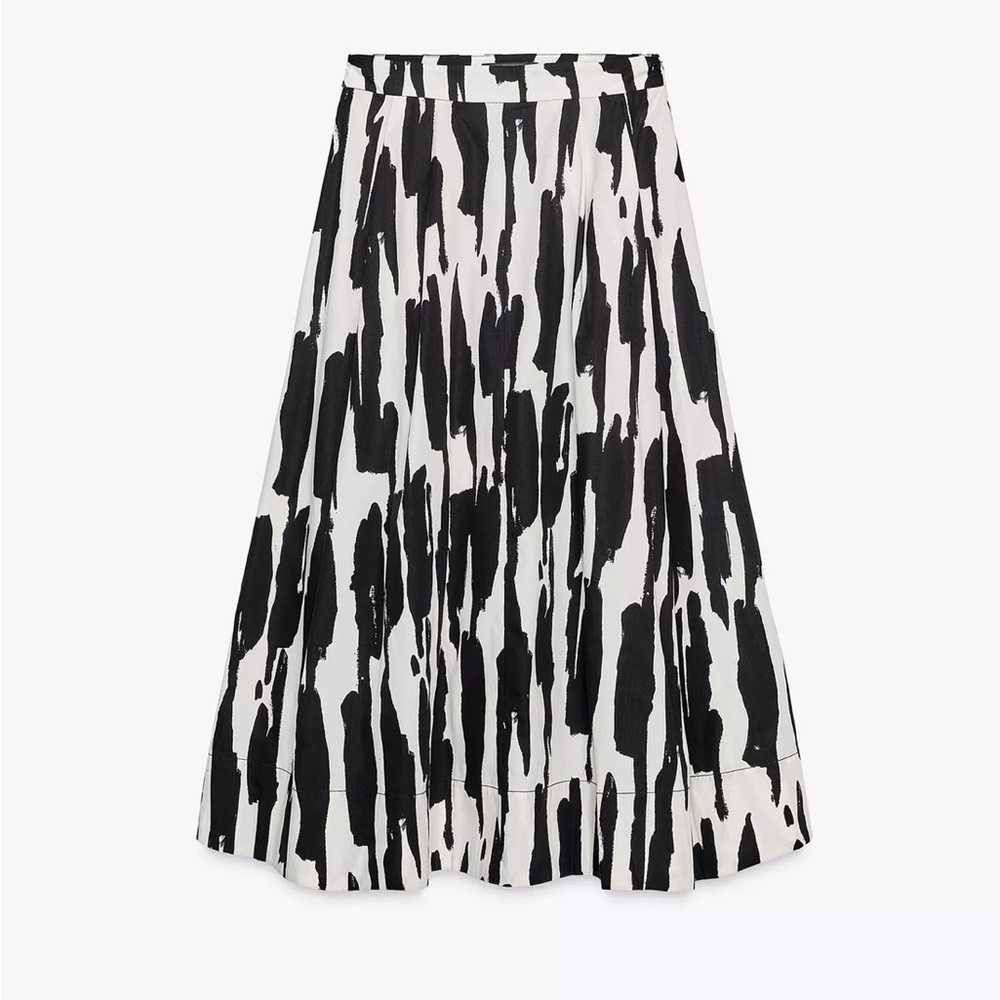 Zara Black and White Midi A-Line Skirt NWT